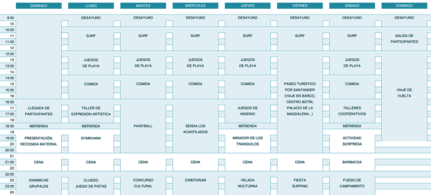 programa calendario surf camp actividades